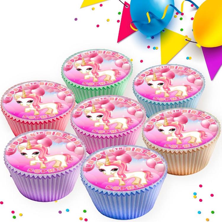 UNICORN BIRTHDAY PARTY PERSONALISED EDIBLE CUPCAKE TOPPERS T-6492 UNICORN BIRTHDAY PARTY PERSONALISED EDIBLE CUPCAKE TOPPERS T-6492